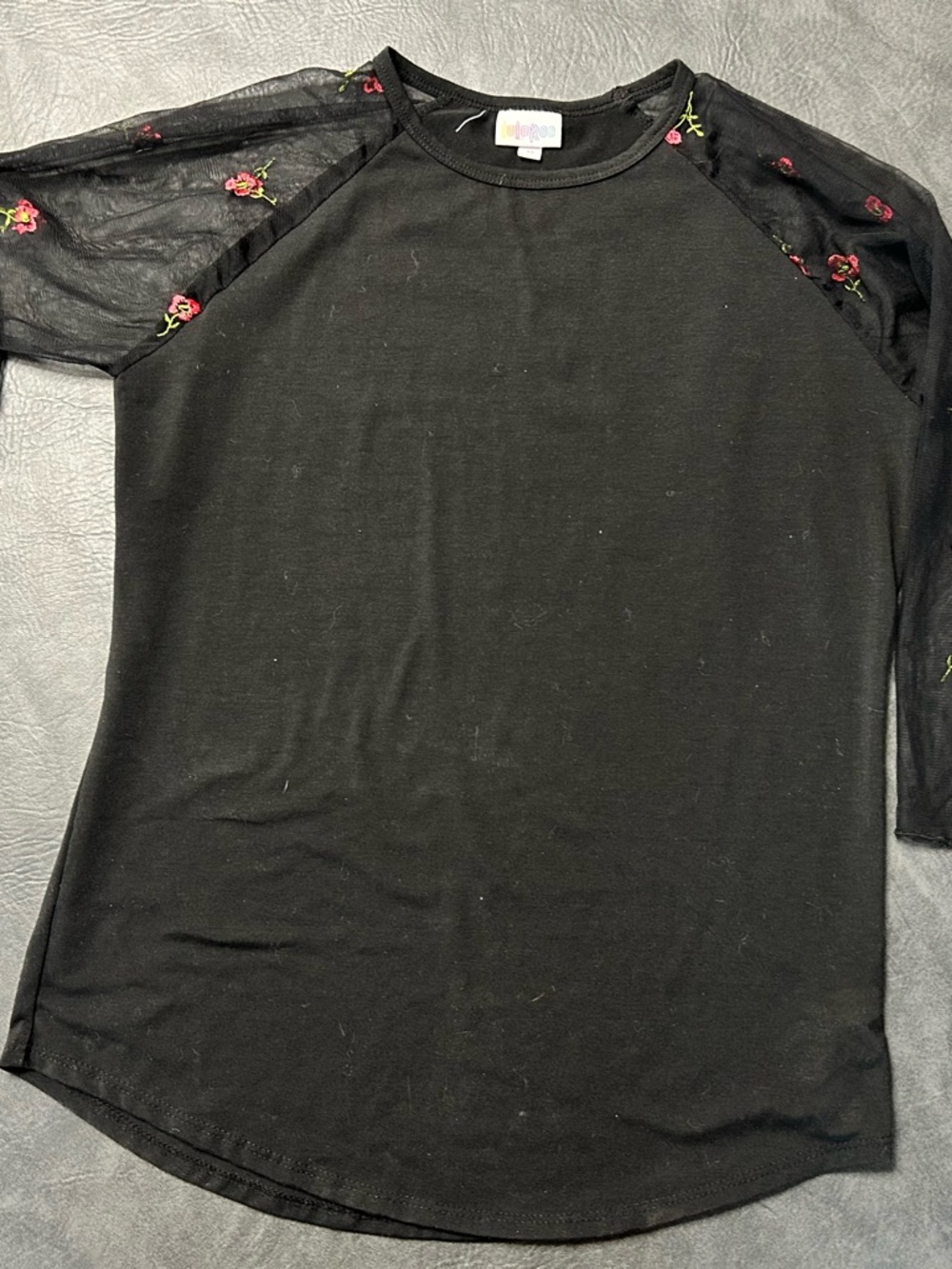 Black Tee with Sheer Floral Raglan Sleeves Medium great condition